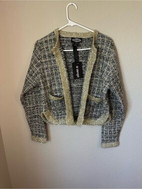 NWT Oliver O M Gold Lurex Metallic Tweed Open Front Cardigan Jacket Party Office